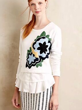 Anthropologie White Floral Appliqué Sweatshirt with Blue & Green Accents
